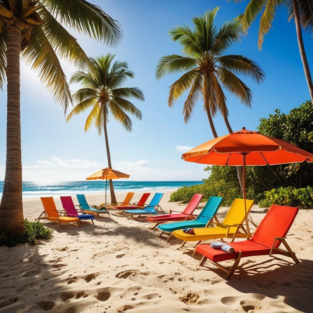 A sunny beach scene with vibrant surfboards, colorful swimsuits draped on lounge chairs, and a stylish beach umbrella casting playful shadows. Include models of diverse backgrounds showcasing trendy swimwear while sipping refreshing coconut drinks. Sparkling ocean waves in the background and palm trees swaying gently in the breeze. Bright and cheerful atmosphere, inviting summer vibes. super-realistic. vibrant colors.
