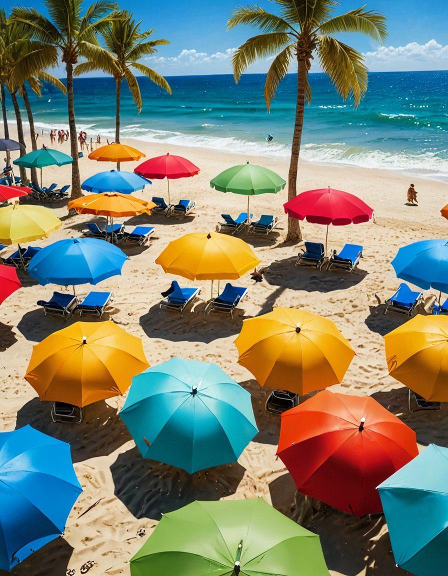 A stylish beach scene featuring diverse individuals in trendy swimwear, accessorized with chic sunglasses, sun hats, and beach towels. Capture the energy of summer with vibrant colors and a lively atmosphere, showcasing various swim fashion must-haves like one-piece suits, bikinis, and rash guards. The background should include a sparkling ocean, palm trees swaying in the breeze, and colorful beach umbrellas. super-realistic. bright and sunny.