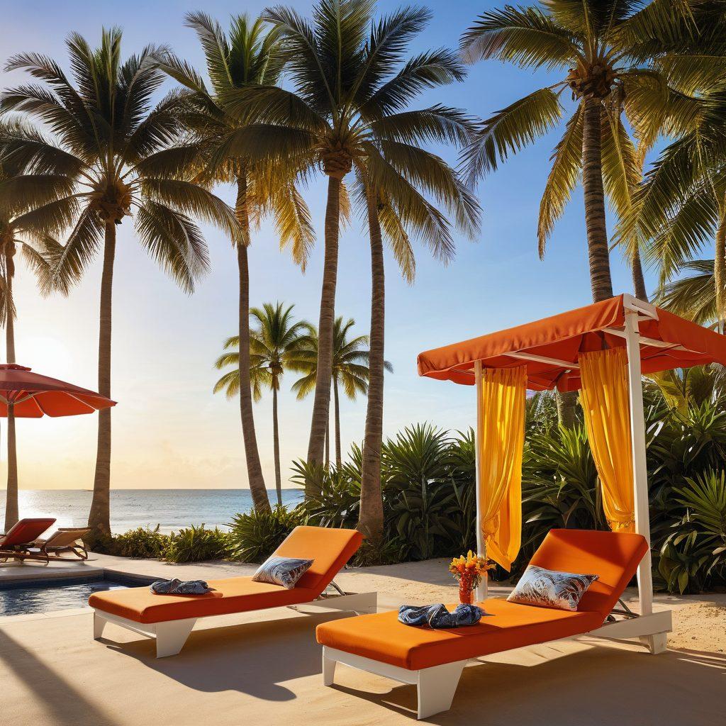 A vibrant beach scene featuring a variety of stylish swimwear, from colorful thong bikinis to elegant luxe resort wear draped over a sunbed. Palm trees sway in the background with a cocktail on a nearby table, while a radiant sun sets in the sky, casting warm golden hues. Fashionable accessories like sunglasses and wide-brimmed hats complement the window display feel. super-realistic. vibrant colors. tropical vibes.